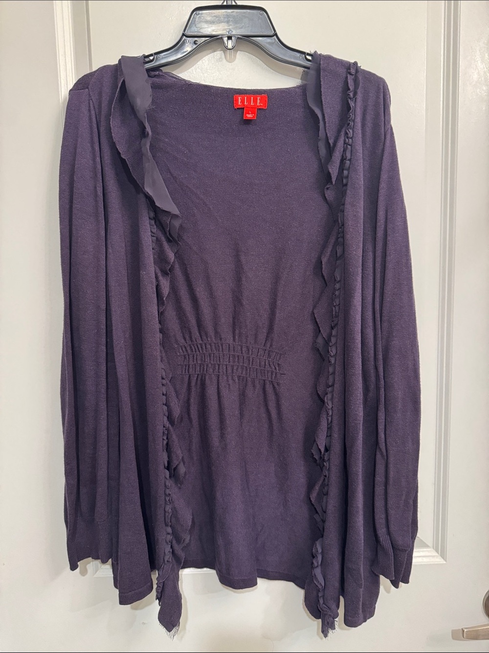 Elle Dark Purple Ruffle Front Open Cardigan